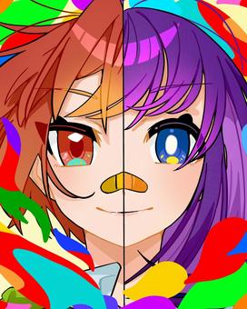 絆 女の子,２人,カラフル,紫の髪色,茶髪,絆創膏,二面性のイラスト素材