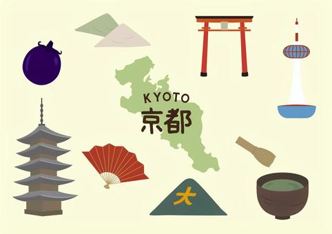 京都イラストセット 京都,八つ橋,扇子,和,五重塔,お茶,抹茶,鳥居,五山送り火,京都タワーのイラスト素材