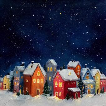 雪降る夜のカラフルな街並み 街並み,イベント,油絵風,カラフル,夜,夜空,イラスト素材,風景,景色,きれいのイラスト素材