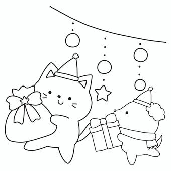 クリスマスプレゼントを持った猫犬 クリスマス,プレゼント,犬,猫,動物,イルミネーション,ライト,ガーランド,サンタ,帽子のイラスト素材