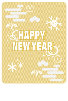 市松背景と雪模様 の年賀状 はがきサイズ 和柄,和風,市松,市松模様,金,金色,雪模様,年賀状,雪,氷のイラスト素材