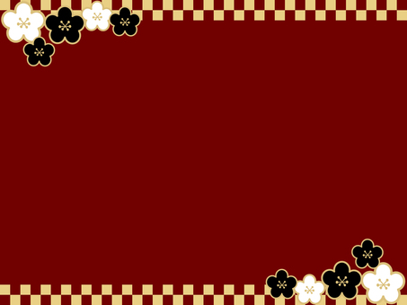 格子柄　梅の花　フレーム　赤×ゴールド フレーム,枠,背景,和柄,格子柄,梅の花,梅,正月,年賀状,シックのイラスト素材