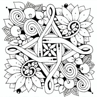 塗り絵【82】四つの世 ゼンタングル,モノクロ,アート,抽象,ペン画,塗り絵,花,洋風,欧風,シックのイラスト素材
