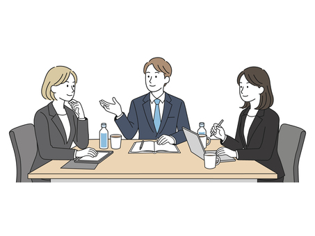 会議をする人達１ ミーティング,仕事,女性,男性,話し合い,スーツ,ビジネス,アイデア,説明,グループのイラスト素材