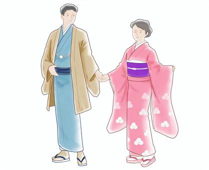 着物男　振袖女 着物,男女,振袖,羽織,若い,全身,パステル風,手,つなぐのイラスト素材