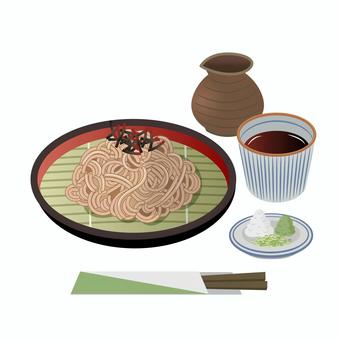 ざるそばとそばつゆ、薬味のセット_02 ざるそば,蕎麦,そば,麺類,食べ物,和食,夏,冷たい,涼しい,そばつゆのイラスト素材