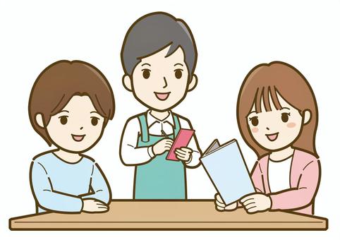 飲食店で注文する夫婦と男性店員_25 女性,男性,ビジネス,人物,人,カフェ,イラスト,シンプル,かわいい,夫婦のイラスト素材