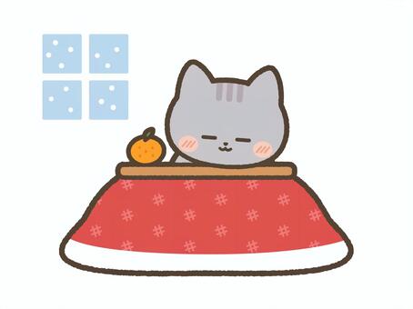 こたつに入ってくつろぐねこ（サバトラ） ねこ,コタツ,冬,みかん,くつろぐ,雪,季節,リラックス,笑顔,喜ぶのイラスト素材