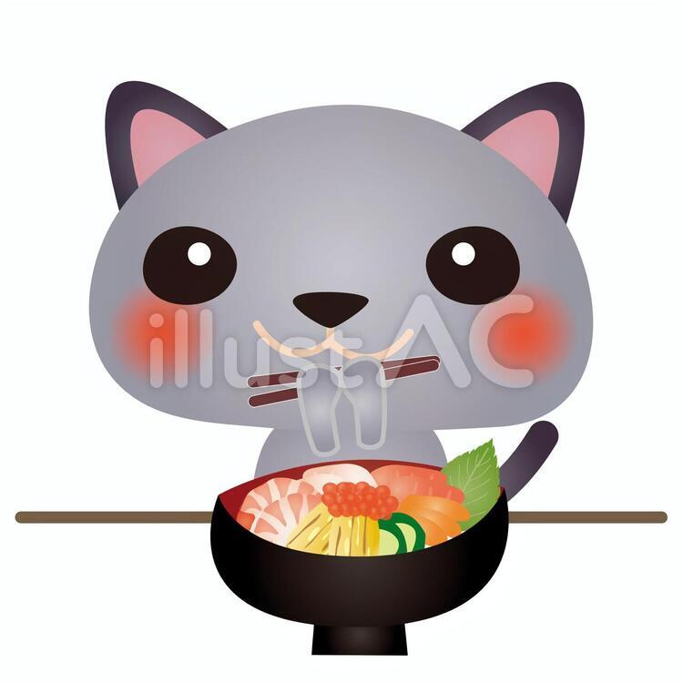 cat182 猫,海鮮丼,いただきますのイラスト素材