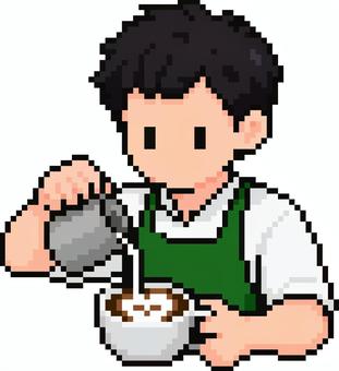 ドット絵の緑のカフェ店員です。 ドット絵,カフェ,店員,喫茶店,シンプル,コーヒー,ホットドリンク,くつろぎ,ティータイム,カフェインのイラスト素材