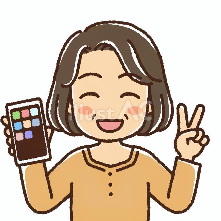 スマホを持ちピースしている笑顔の中年女性 女性,中年,40代のイラスト素材