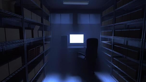 パソコンとダンボールが山積みの夜の倉庫 倉庫,荷物,倉庫作業,段ボール,仕事,在庫,山積み,室内,物置,保管庫のイラスト素材