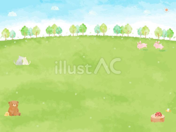 ほのぼのとした動物と緑の風景とイラスト 背景,風景,植物のイラスト素材