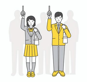 電車でつり革につかまる制服姿の学生 つり革,電車,女子高生,男子高生,高校生,中学生,学生,生徒,通学,車内のイラスト素材