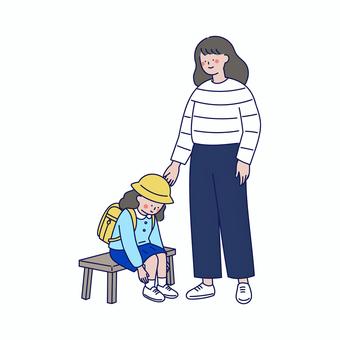 靴を履く幼児と見守る母親のイラスト 人物,親子,登園,園児,幼稚園,保育園,お母さん,女の子,子ども,通園のイラスト素材