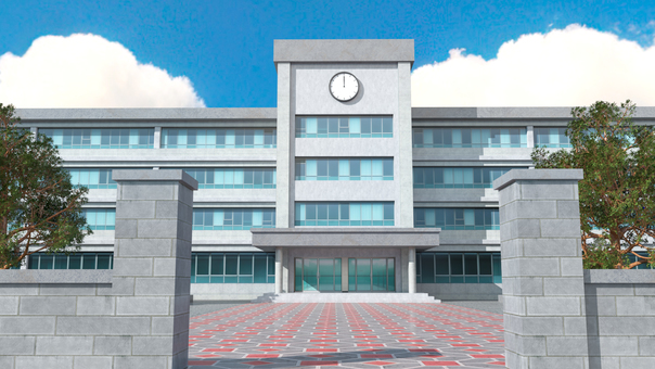 学校 学校 学校,校舎,小学校,中学校,高校,花,樹木,窓,時計,建物のイラスト素材