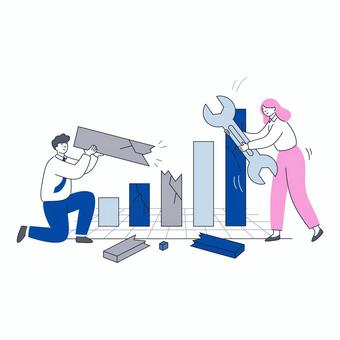 壊れたグラフを直すビジネスチーム 壊れたグラフを直すビジネスチーム 人物,男女,ビジネス,チーム,グラフ,業績,修理,故障,改善,対策のイラスト素材