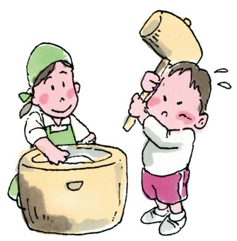 水彩餅つき 餅つき,餅,園児,うす,きね,餅つき大会,pounding,mochi,学校,イベントのイラスト素材