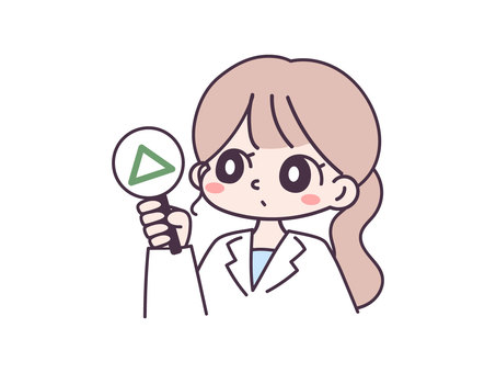 三角の札を挙げる白衣の女の子のイラスト 白衣,質問,答え,クイズ,問題,三角,医者,薬剤師,実験,勉強のイラスト素材