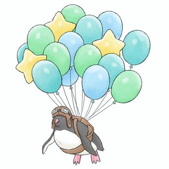 Illustration of a penguin floating on a balloon, hand drawn, animal, bird, JPG