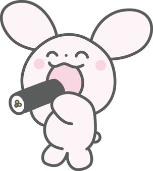うさぎが恵方巻きを食べているイラスト うさぎが恵方巻きを食べているイラスト 節分,うさぎ,恵方巻き,食べる,にこにこ,あーん,笑顔,ピンク,方角,手描きのイラスト素材