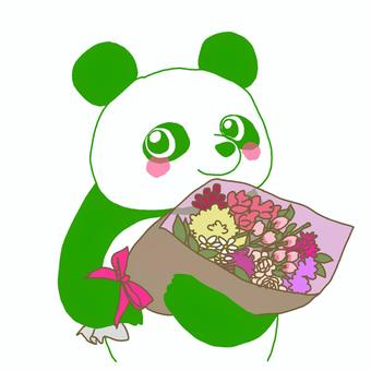 Illustration of a green panda holding a bouquet of flowers, , JPG and PNG