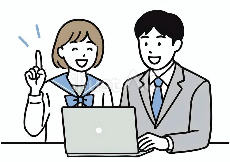 男女の学生とパソコンの学びのシーン 人物,女子学生,女子高生のイラスト素材