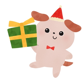 プレゼントを持った犬 プレゼント,クリスマス,サンタ,帽子,犬,動物,絵本,可愛い,ゆるい,手描きのイラスト素材