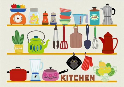 キッチンシェルフ キッチン,台所,はかり,ピーマン,パプリカ,かわいい,リボンパスタ,瓶,ペッパー,ソルトのイラスト素材