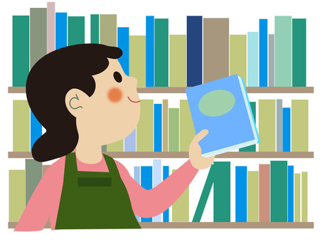 A woman arranging books (green apron), JPG, PNG and AI A woman arranging books (green apron), female, arrangement, library, JPG, PNG and AI