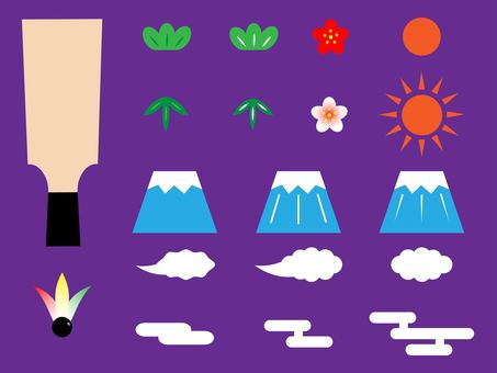 羽子板＿正月模様セット 羽子板,羽根,松,竹,梅,葉,花,太陽,富士山,雲のイラスト素材