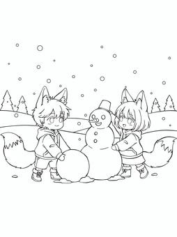 雪遊びする2人 人物,塗り絵,ぬり絵,ぬりえ,線画,白黒,手書き,全体,男の子,女の子のイラスト素材