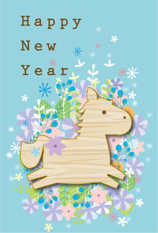 年賀状うま＿,かわいい06 年賀状,午,かわいい,干支,木目,北欧風,緑,花,松,竹のイラスト素材