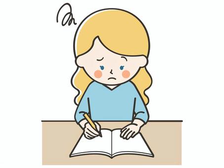 問題が解けない白人女性 女性,外国人,留学生,勉強,宿題,学習,学ぶ,学び,悩む,考えるのイラスト素材