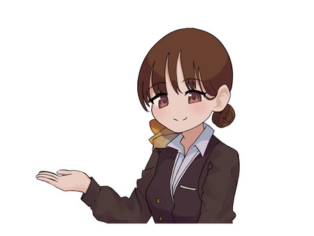 右手で何かを案内する女性