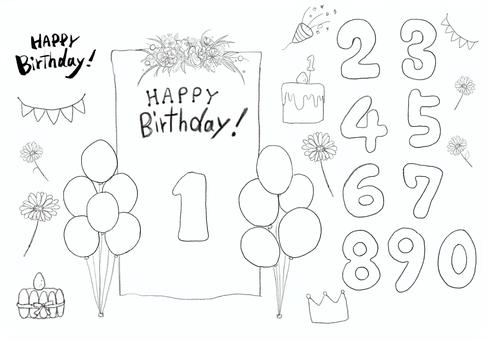 誕生日に使える手描き線画詰め合わせ 誕生日,１歳,ガーランド,手描き,線画,白黒,風船,花,ケーキ,スマッシュケーキのイラスト素材