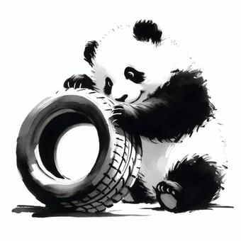 Baby panda playing with a tire in ink painting style, JPG Baby panda playing with a tire in ink painting style, panda, animal, tire, JPG