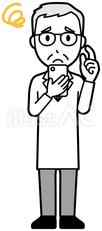  高齢男性医師(黄)-008-全身 スマホ,困る,お爺さんのイラスト素材