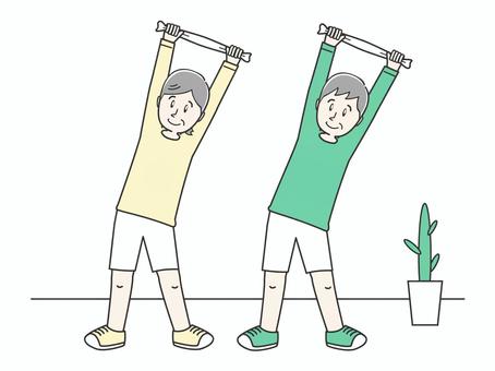 タオルでストレッチするシニアの夫婦 高齢者,運動,体力づくり,シニア,スポーツ,トレーニング,運動習慣,健康習慣,健康,有酸素運動のイラスト素材