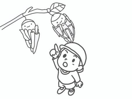 あれはなんだ！ 幼児,ミノムシ,枯れ葉,モノクロ,自然遊びのイラスト素材