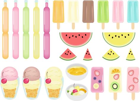 夏のおやつセット おやつ,アイス,アイスキャンディー,アイスクリーム,すいか,フルーツ白玉,みかんゼリー,チェリー,シリアル,フルーツのイラスト素材