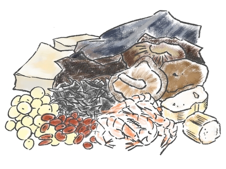 乾物 乾物,セット,昆布,干し椎茸,高野豆腐,豆,麩,わかめ,桜えびのイラスト素材