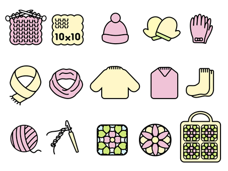 編み物_作成物_セット 棒針編み,ゲージ,帽子,ニット帽,ミトン手袋,手袋,マフラー,スヌード,セーター,ベストのイラスト素材