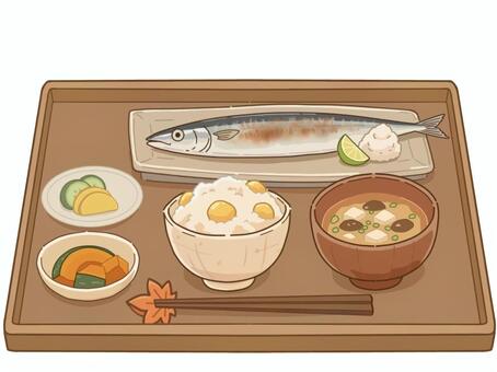 秋の味覚定食セット　和食　秋刀魚　栗ご飯 秋,定食,和食,焼き魚,秋刀魚,さんま,魚,味噌汁,なめこ,漬物のイラスト素材