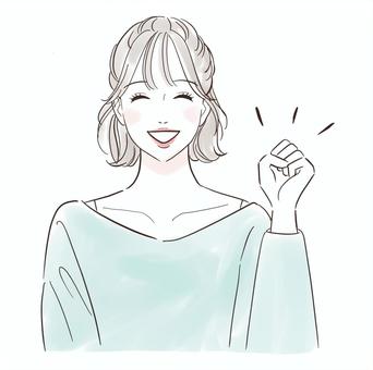 ガッツポーズして喜ぶ女性 女性,人物,きれい,笑顔,ガッツポーズ,かわいい,応援,オシャレ,美容,笑うのイラスト素材