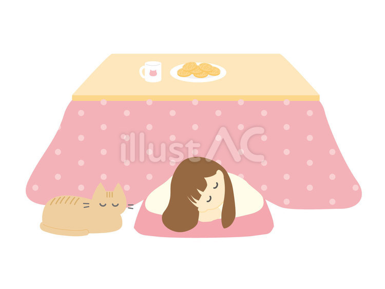 こたつで昼寝する女性と猫 コタツ,猫,秋のイラスト素材