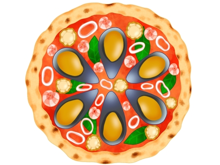 ペスカトーレピザ ペスカトーレピザ,ムール貝,海鮮,チーズ,バジル,イカ,エビのイラスト素材