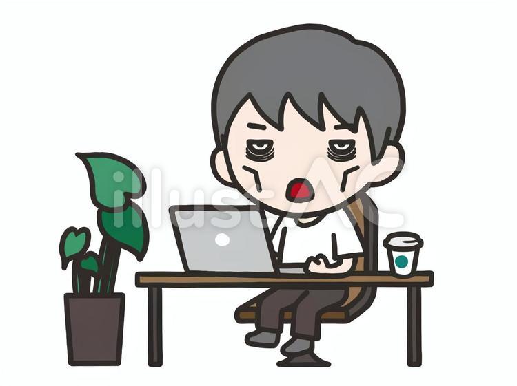 カフェで仕事をする男性：げっそり 男性,パソコン,副業のイラスト素材