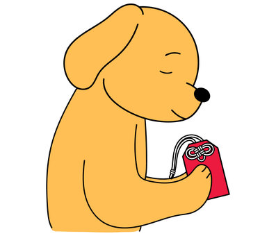 お守りを持って祈る犬 犬,ペット,ミニチュアダックスフンド,ビーグル,ゴールデンレトリバー,垂れ耳,赤,朱,紅,お守りのイラスト素材