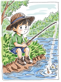 釣りをする少年3 色付き 釣り,水面,少年,人物,川辺,レジャー,アウトドアのイラスト素材